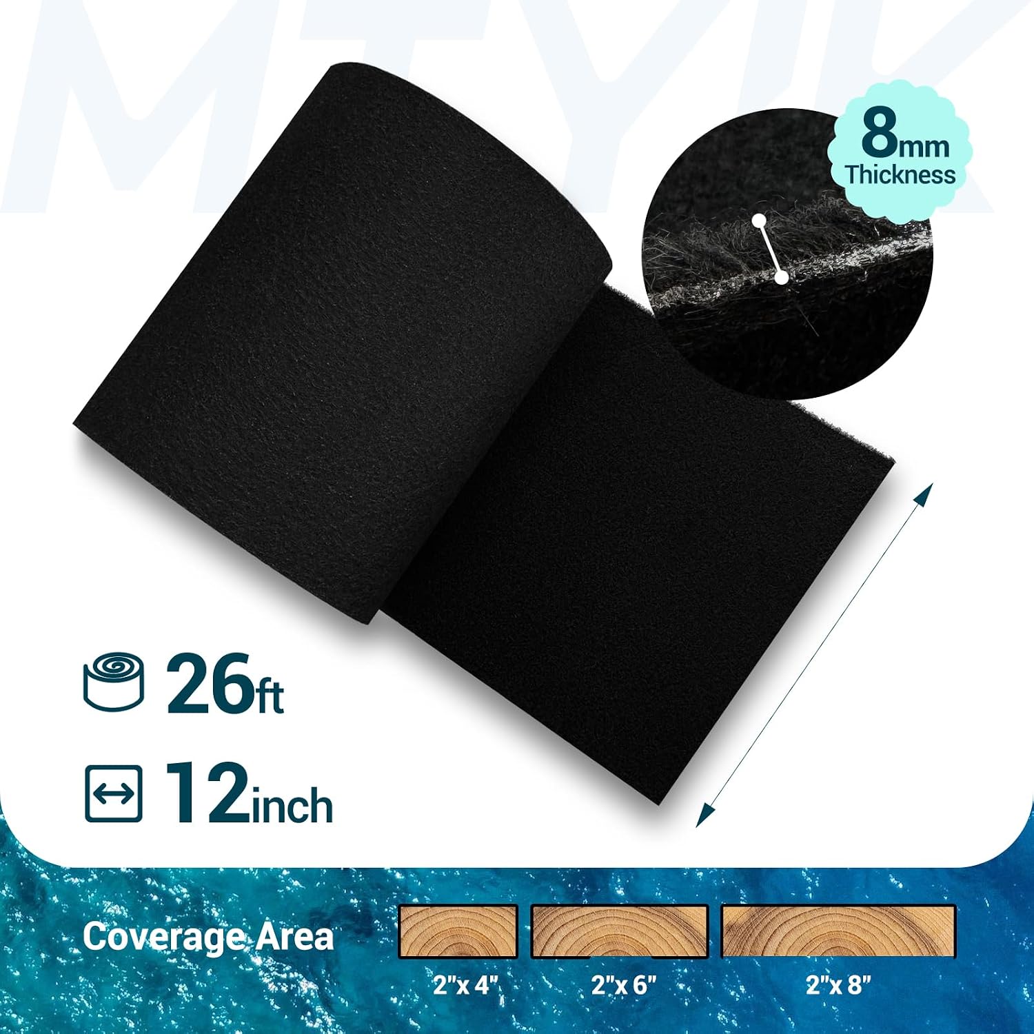 Boat Trailer Bunk Carpet 12in x 13ft, 26ft, 104ft Roll, 8mm Thick Marine Grade Black Carpet for Bunk Boards & Runners, Waterproof Commercial Cover for Boat Lift & Jet Ski, with Glue Spreader, Black