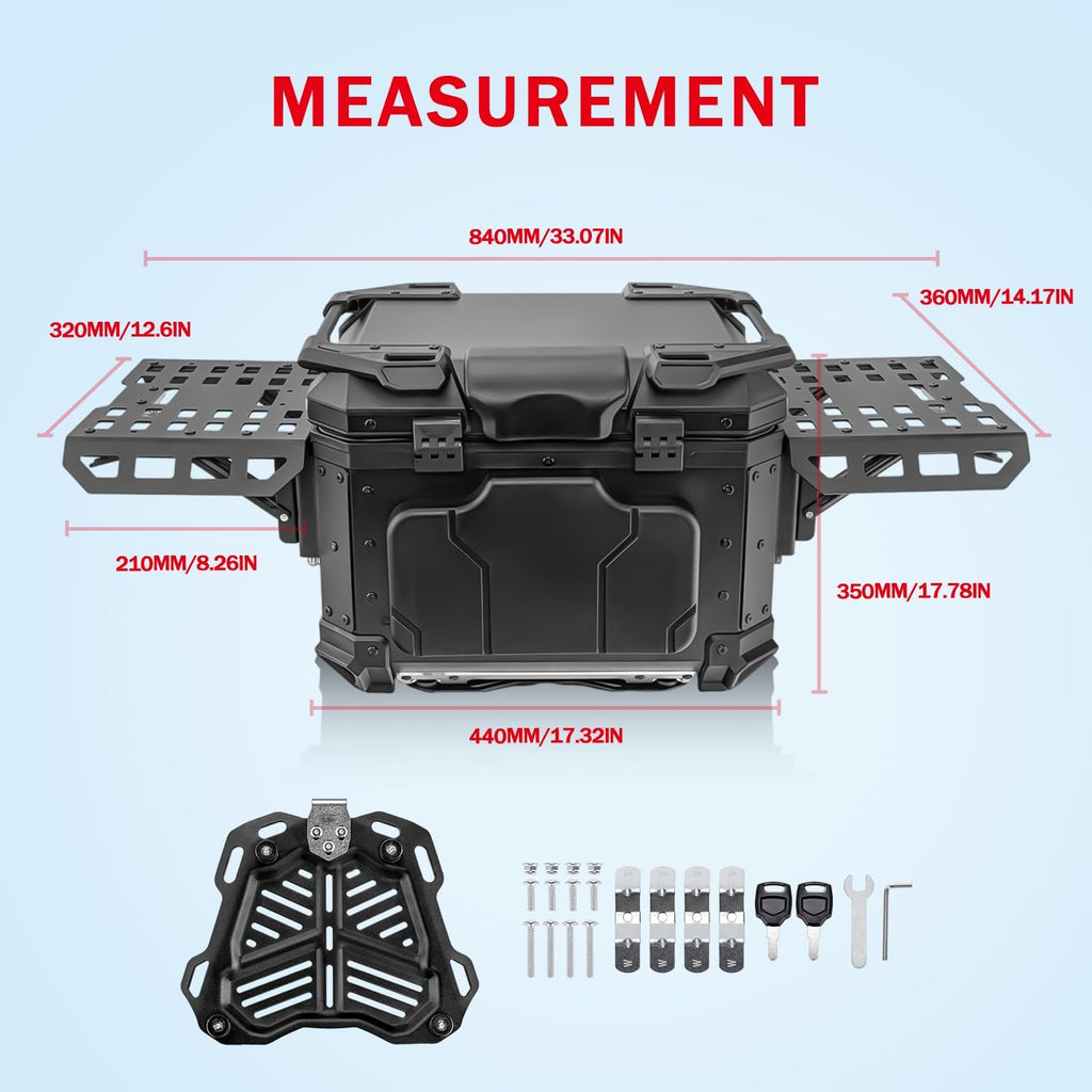 Motorcycle Top Case, 45L Universal Tail Box Motorbike Luggage Storage Trunk | Expandable Side Tray, Easy Install Quick Release Detachable, Waterproof Rustproof Dustproof, Backrest Cushion Anti-Theft Lock