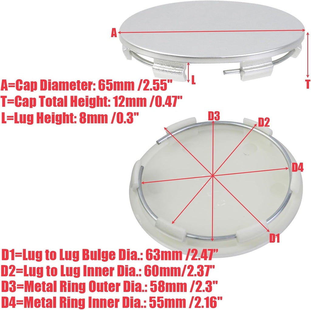 Modengzhe Wheel Center Caps,65mm Wheel Rim Hub Cover 63mm Lug to Lug w Matte Silver ABS Base,Silver,Pack of 4