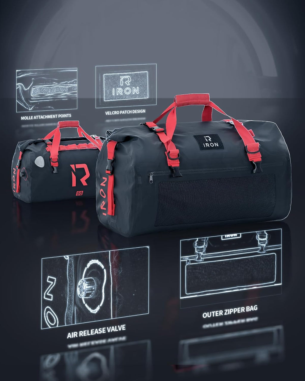 BORLENI Waterproof Motorcycle Dry Duffel Bag Luggage Tail Bag with Large Storage Space,Roll Top Closure, Shoulder Straps, Inner Pocket and Mesh Pocket for Motorcycling Travel Camping (Black,50L)