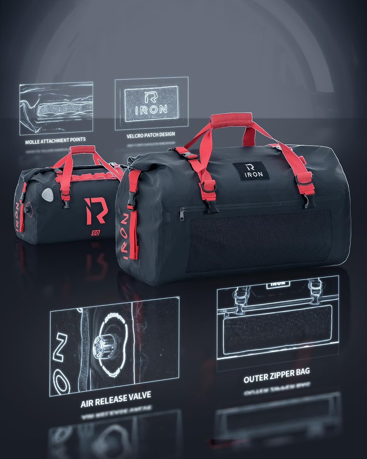 BORLENI Waterproof Motorcycle Dry Duffel Bag Luggage Tail Bag with Large Storage Space,Roll Top Closure, Shoulder Straps, Inner Pocket and Mesh Pocket for Motorcycling Travel Camping (Black,50L)