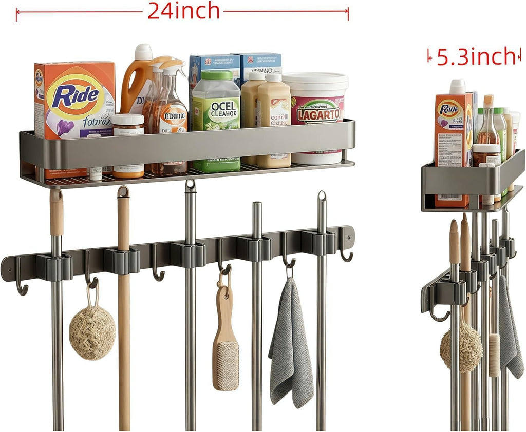24 inch mop and broom holder wall mount, close-up detail