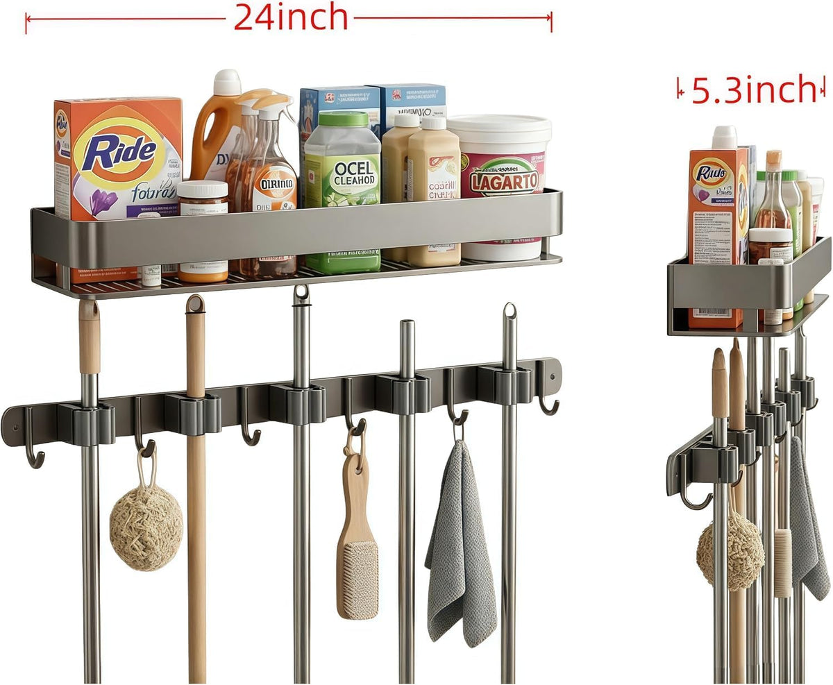 24 inch mop and broom holder wall mount, close-up detail