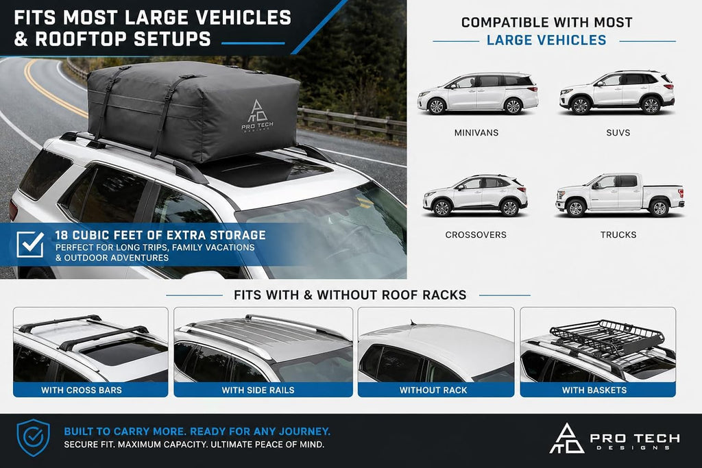 Journeyer 18 Waterproof Rooftop Cargo Carrier Bag, 18 Cubic Feet Vehicle Roof Storage with Straps & Door Hooks, Heavy Duty Car Top Carrier for SUVs, Vans, RVs & Trucks, 48" x 36" x 18"