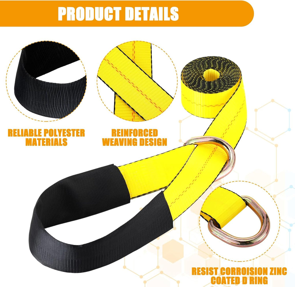 4 Pack 2" x 8ft Lasso Tow Truck Straps with D Ring 11, 000 Lbs Break Strength D Ring Auto Tie Down Wheel Lift Trailer Strap for Hauling Utv SUV Wrecker Rollback (Yellow)