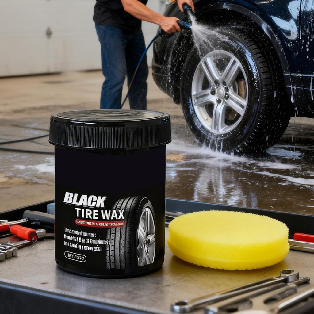 Car Tire Shine Balm, 150g Wheel Rim Cleaning Paste with Sponge Applicator, Waterproof Gloss Restorer for Car Truck SUV RV Trailer Exterior Automotive Care