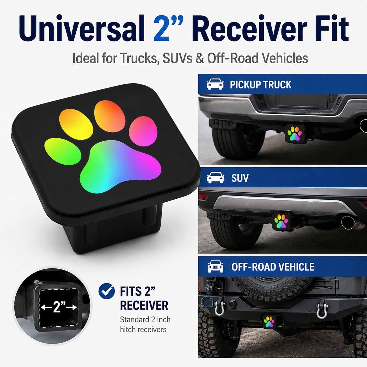 Trailer Hitch Covers Rainbow Dog Cat Paw Print Heavy Duty 2 Inch Hitch Cover for Weather Protection, Rubber Hitch Receiver Cover Plug Cap for Trucks SUVs and Off-Road Vehicles