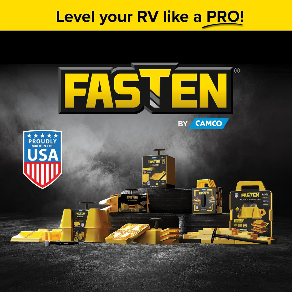 Camco FasTen RV Leveling Blocks - Features Interlocking Design for Customizable Height - Carrying Handle Twists to Secure Blocks for RV Storage - 8.5” x 8.5” x 1”, Yellow, 10-Pack (21022)