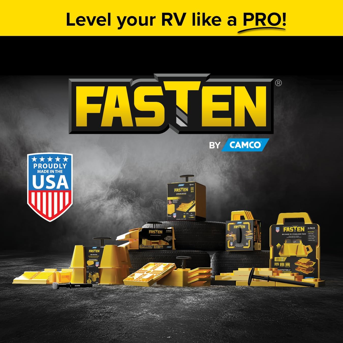 Camco FasTen RV Leveling Blocks - Features Interlocking Design for Customizable Height - Carrying Handle Twists to Secure Blocks for RV Storage - 8.5” x 8.5” x 1”, Yellow, 10-Pack (21022)