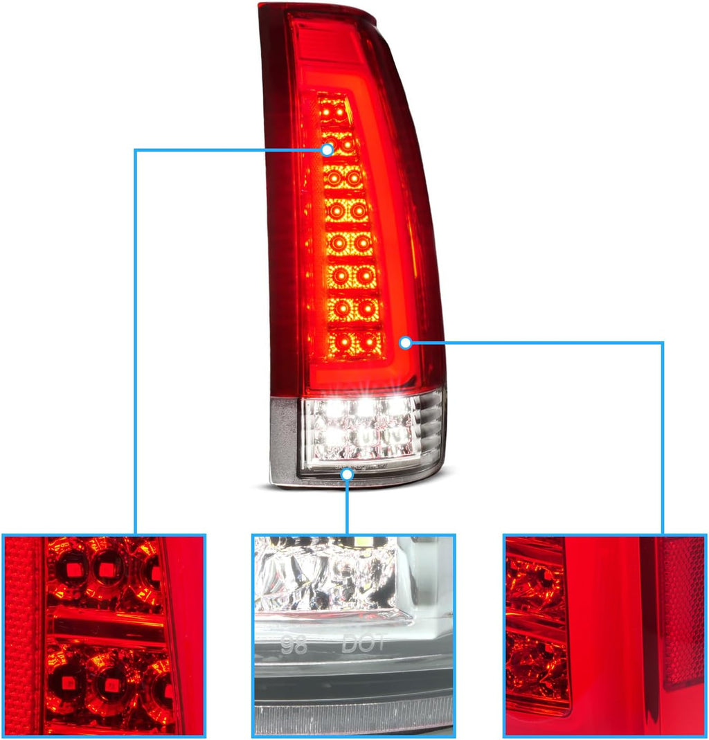AmeriLite for 1988-2000 Chevy GMC C/K Pickup Vehicle Full Size Tahoe Suburban [Full LED] C-Type Tube Crystal Red Replacement Tail Lights Set - Passenger and Driver Side