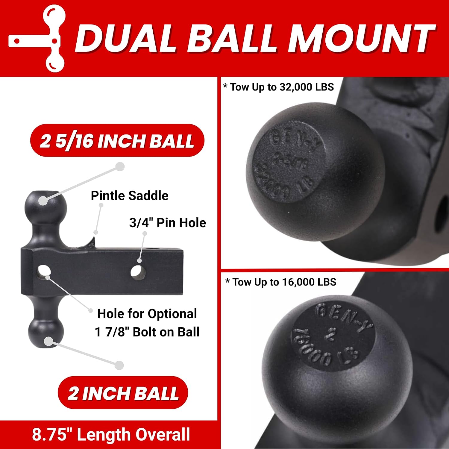 GEN-Y Hitch Tow Hitch for 2.5" Receiver - 6" Drop/Rise with 3 Adjustable Positions, Includes Dual Ball Mount, Pintle Lock and Locking Pins, 32,000 lbs Towing Capacity, 3,500 lbs Tongue Weight, Silver