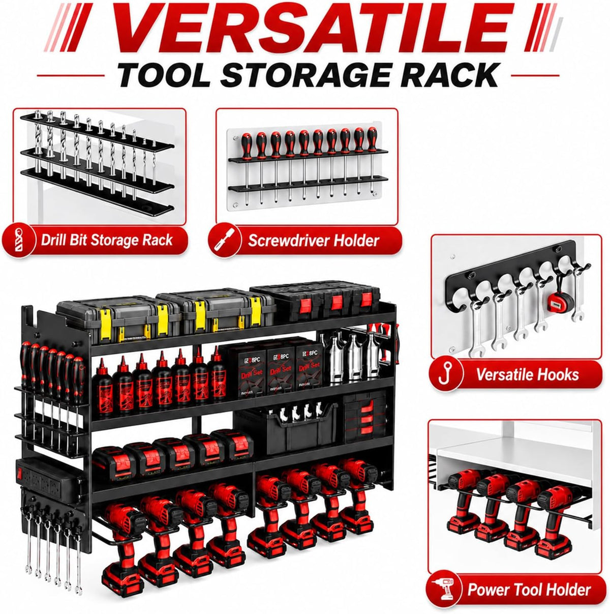 large power tool organizer wall mount with charging, side view