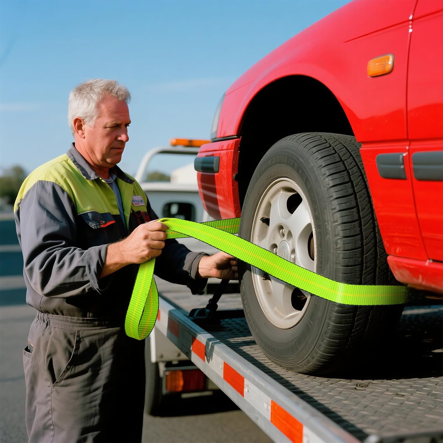 8 Pack 2" x 96" Lasso Strap - 9900LBS Break Strength - D Ring Auto Tie Down for Wheel Lift, Trailer, Tow Truck (Green)
