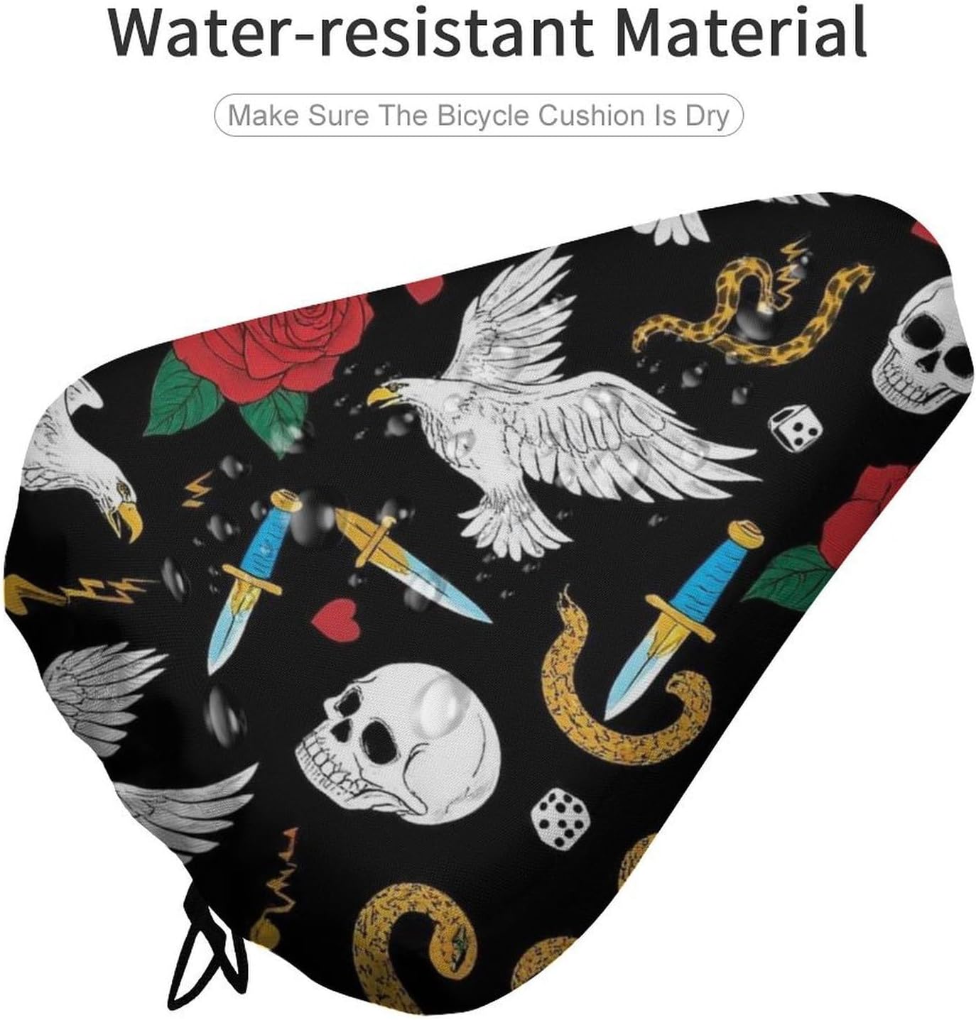 Cool Rock Wild Eagle Red Rose Skull Floral Bike Seat Cover Outdoor Cycling Class And Stationary Bikes Spin Bike, Waterproof Bike Cushion Saddle Protector with Adjustable Drawstring