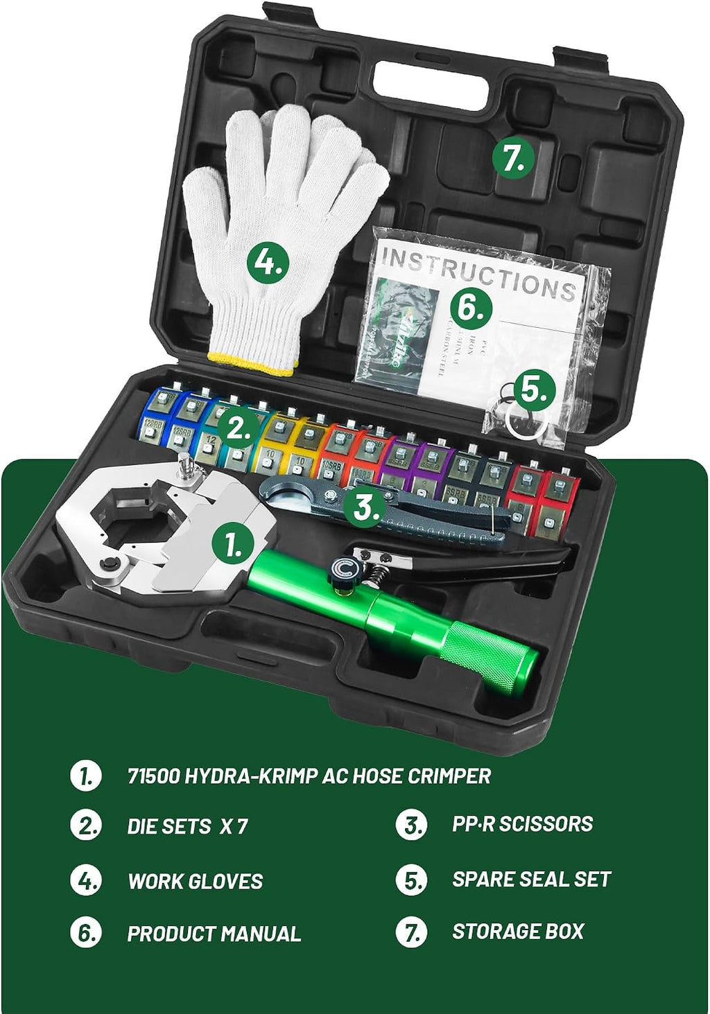 manual hydraulic ac hose crimper kit for beadlock showing dimensions