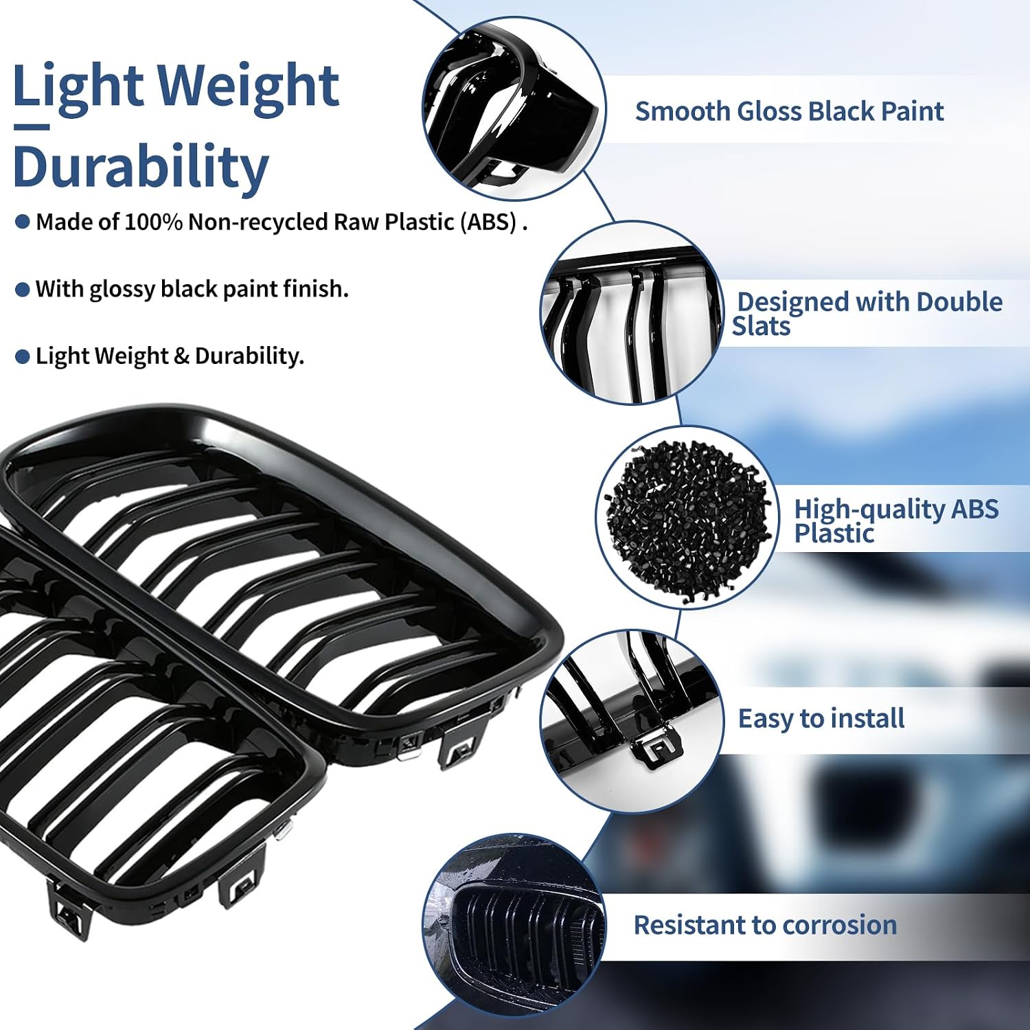 F30 Grill - Front Kidney Grille Black Grill for 2012-2018 BMW 3 Series F30 F31 320i 328i 328d 330e 330i 335i 340i 328i (Gloss Black-Double Slats)