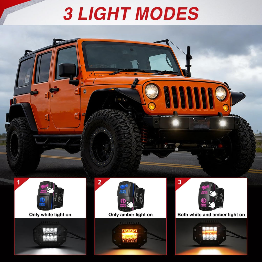 Nilight Flush Mount LED Light Pods 2PCS 42W Amber White 3 Lighting Modes Fog Lights Spot Flood Combo Beam with Dual Control 18AWG Wiring Harness for Truck Pickup Golf Cart UTV ATV SUV Boat 4x4 Car