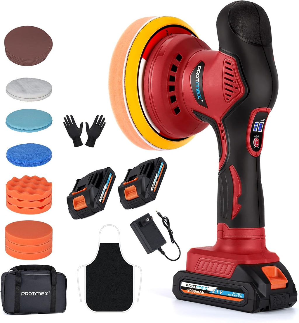 Cordless Car Buffer Polisher w/ 2x2000mAh 21V Batteries, 6 Inch Car buffer
