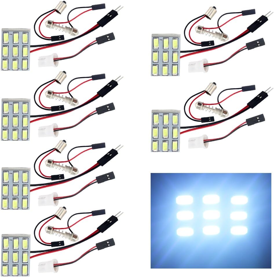 YM E-Bright 6-Pack Cool White 5730 9SMD Led Panel Dome Light Auto Car Reading Interior Light DC 12V With T10 / BA9S / Festoon Adapters