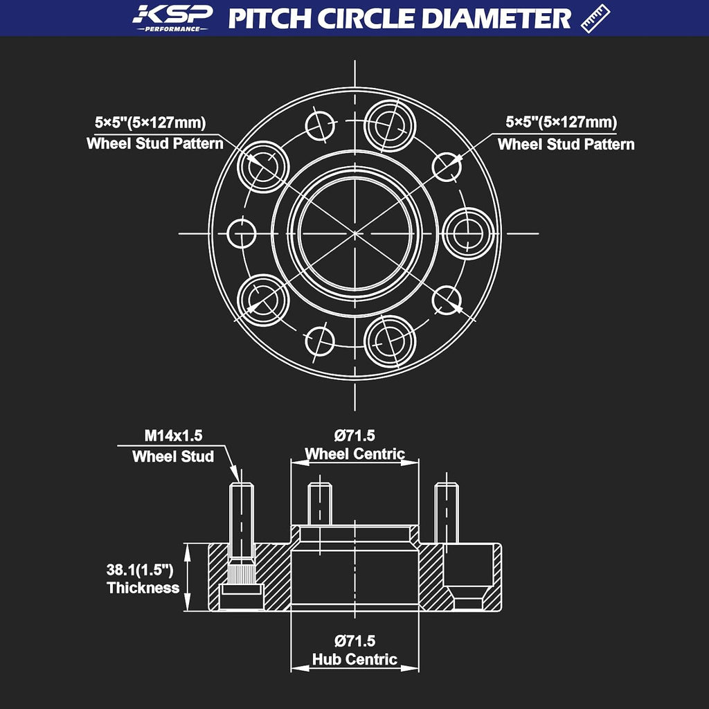 KSP 5x5 Wheel Spacers for Grand Cherokee 2011-2025, 1.5inch 5x127mm Hubcentric Spacer fit Wrangler JL/JLU 2018-2025, 38mm Thick Spacer with 71.5mm Hub bore M14x1.5 Stud Work On Gladiator