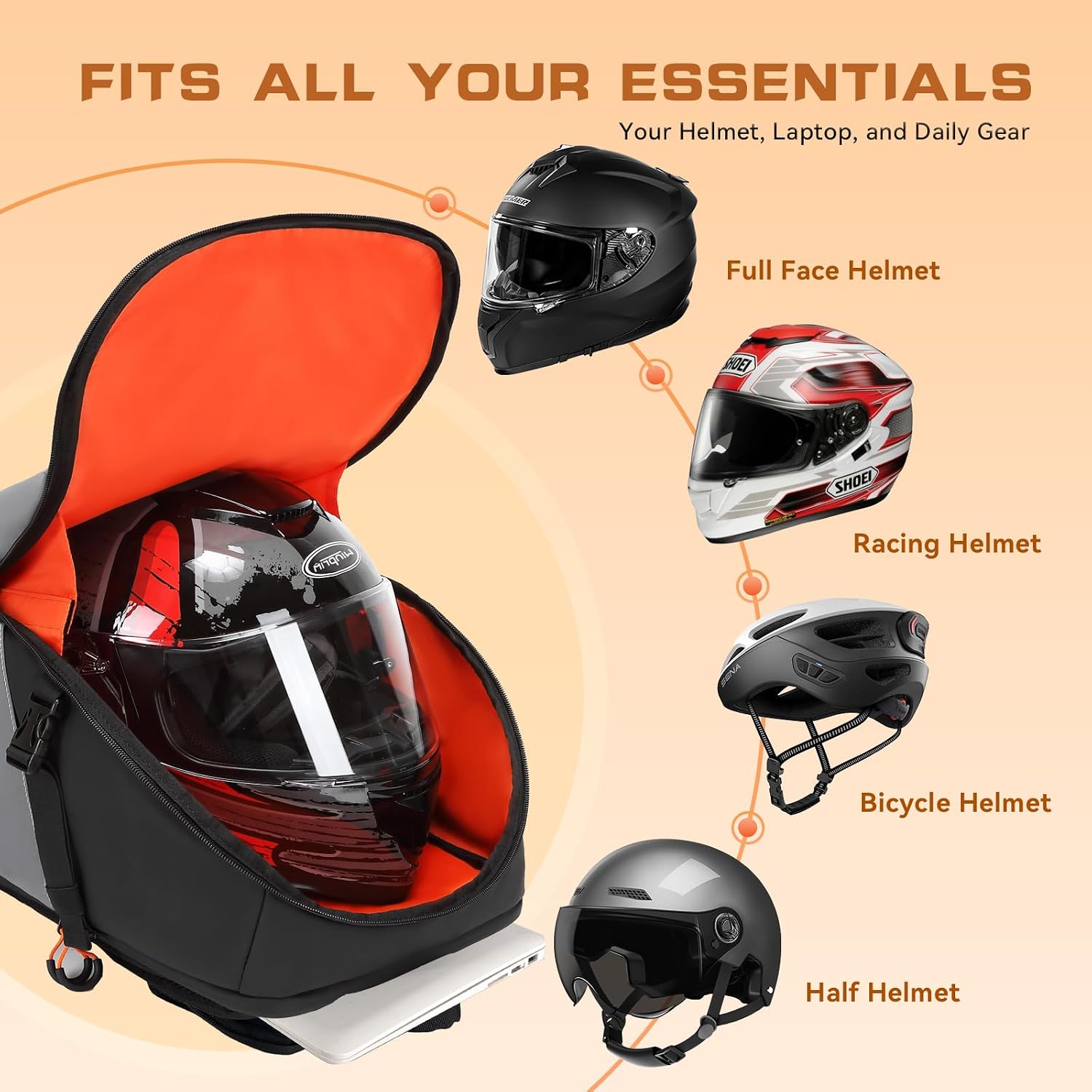 Reflective Motorcycle Helmet Backpack with Rain Cover, 40L Waterproof 1680D Oxford Fabric Helmet Backpack， Mochila Para Motociclista Laptop Compartment for Long Distance Travel, Commuting, Work & Gym