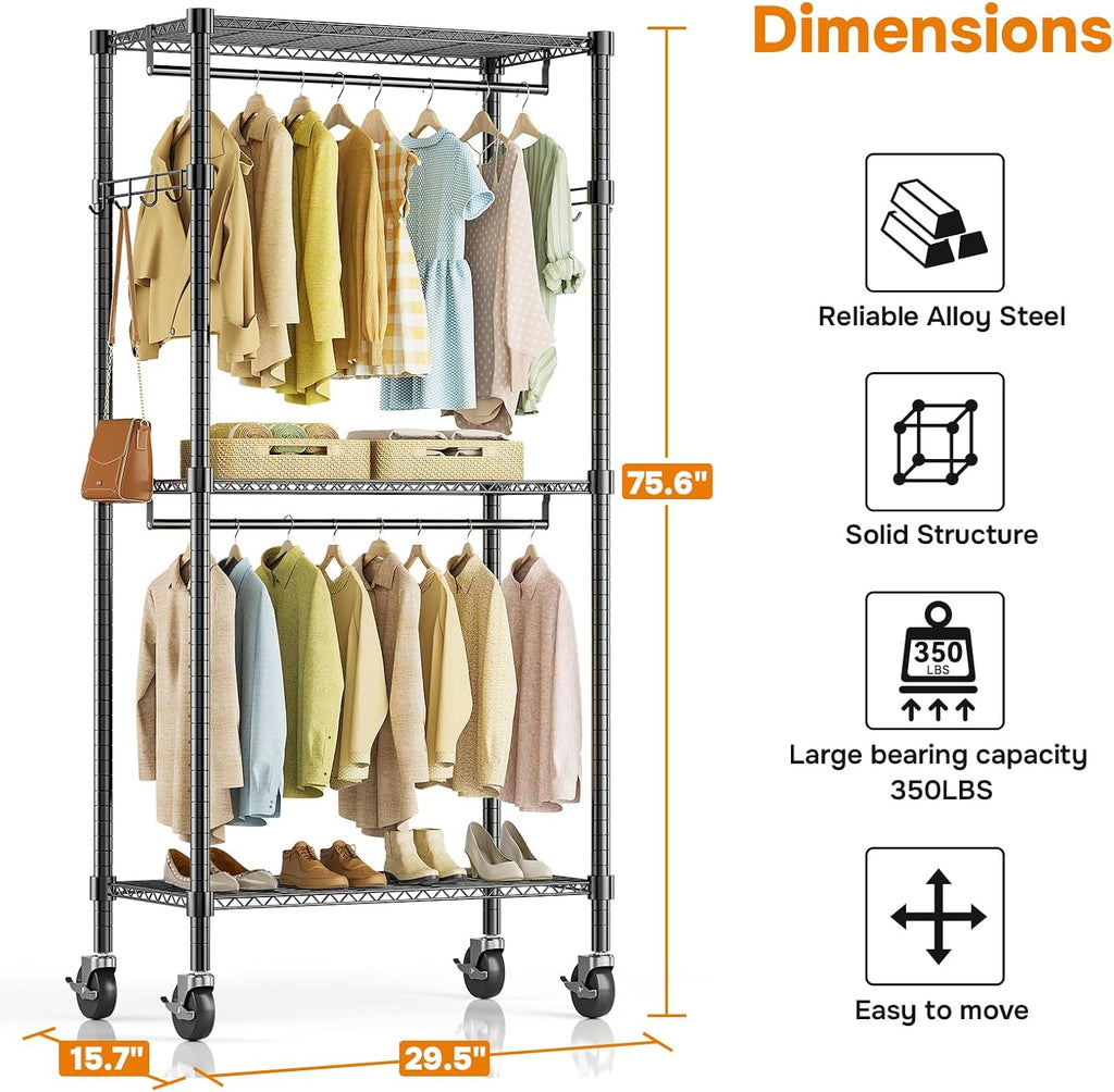 simple deluxe rolling clothes rack, heavy duty clothing, package contents