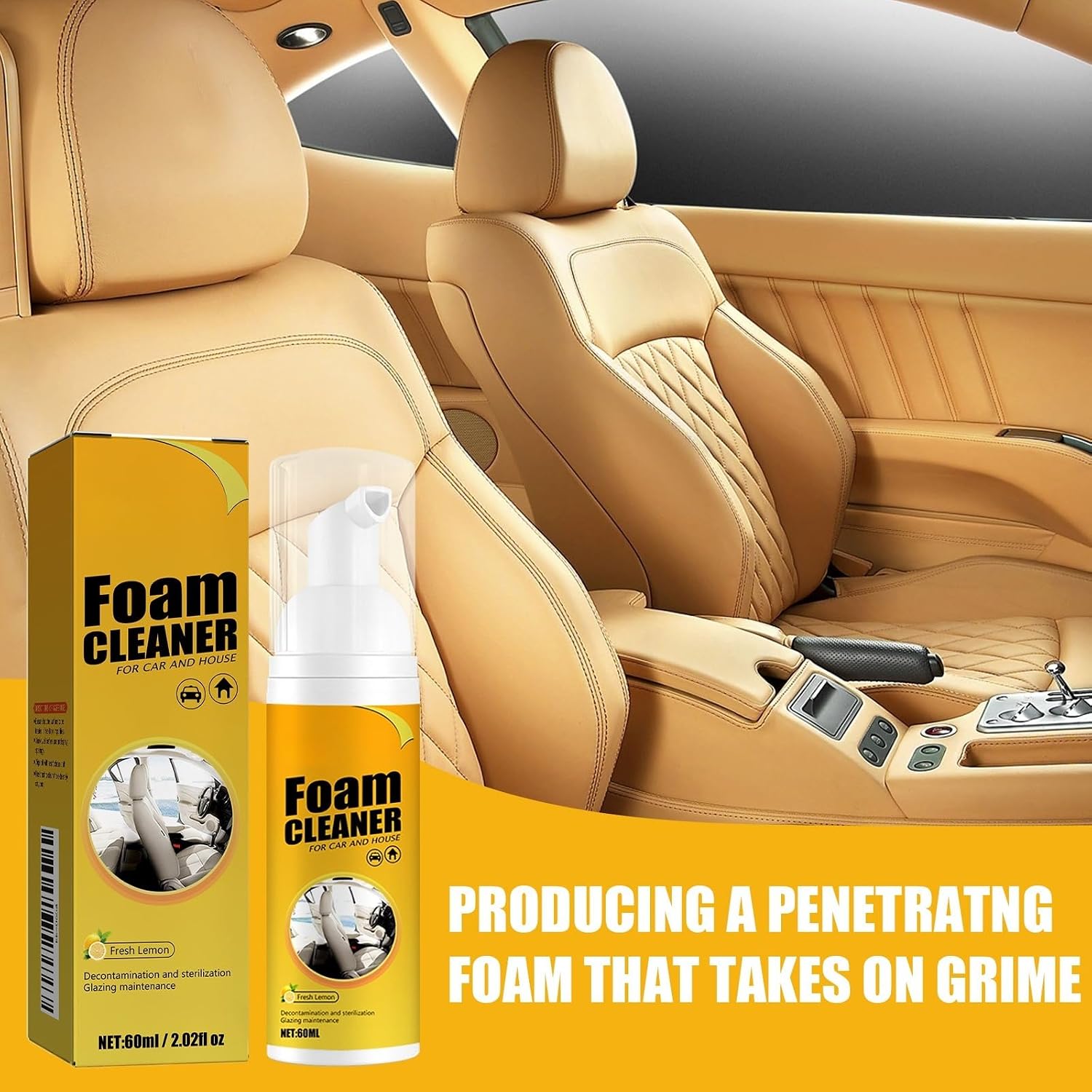 Multi-Purpose Foam Cleaner for Car and Home, Car Steering Wheel Foam Cleaner,100ml, Fresh Lemon Scent, with Cleaning Accessories, 2-Pack