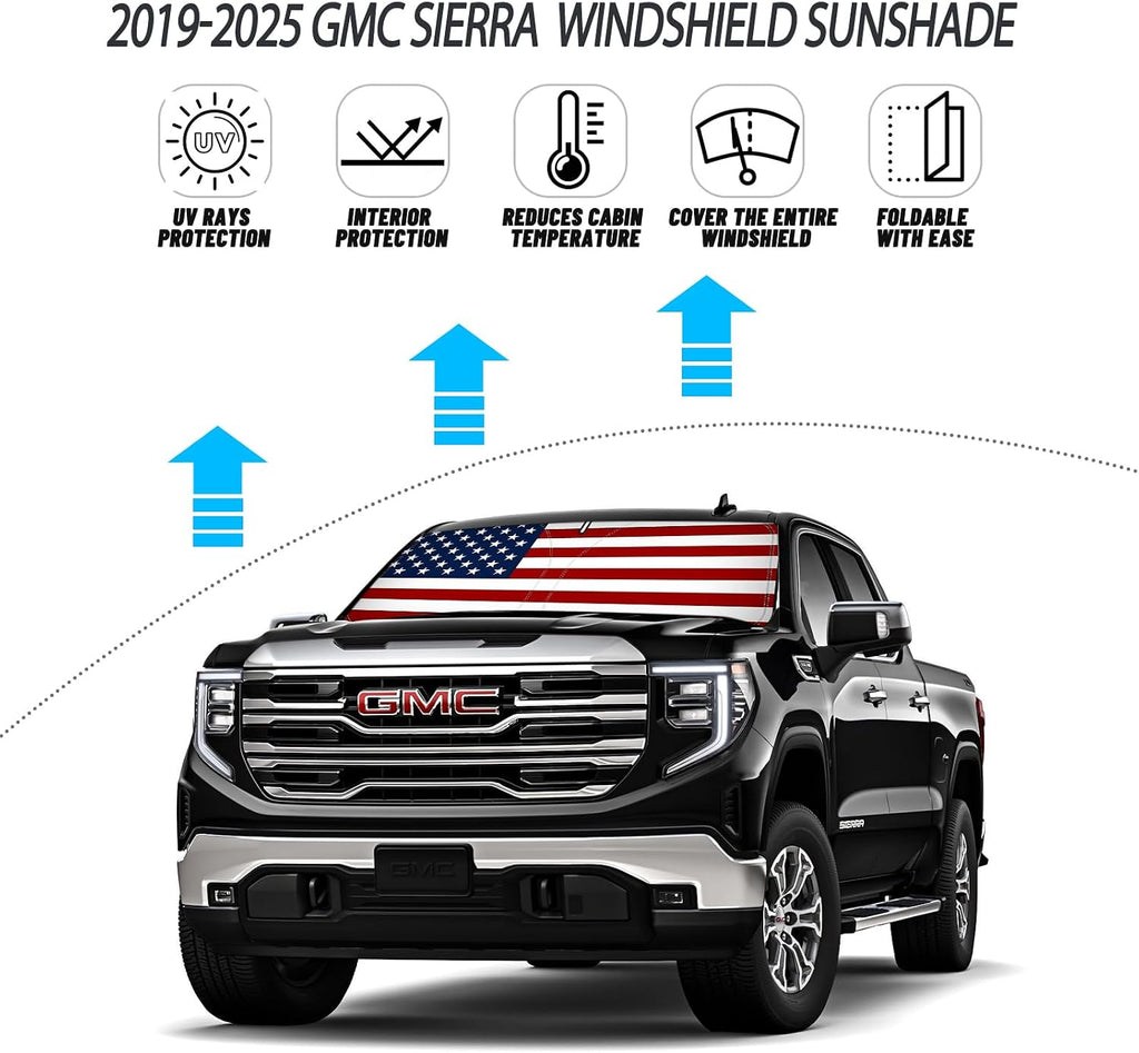 D-Lumina Windshield Sun Shade American Flag for 2019-2025 GMC Sierra 1500 2500 3500 Accessories, Front Window Sunshade Sun Visor Protector Sun Shield Block UV Ray Heat, Foldable 2 Layers 210T Material