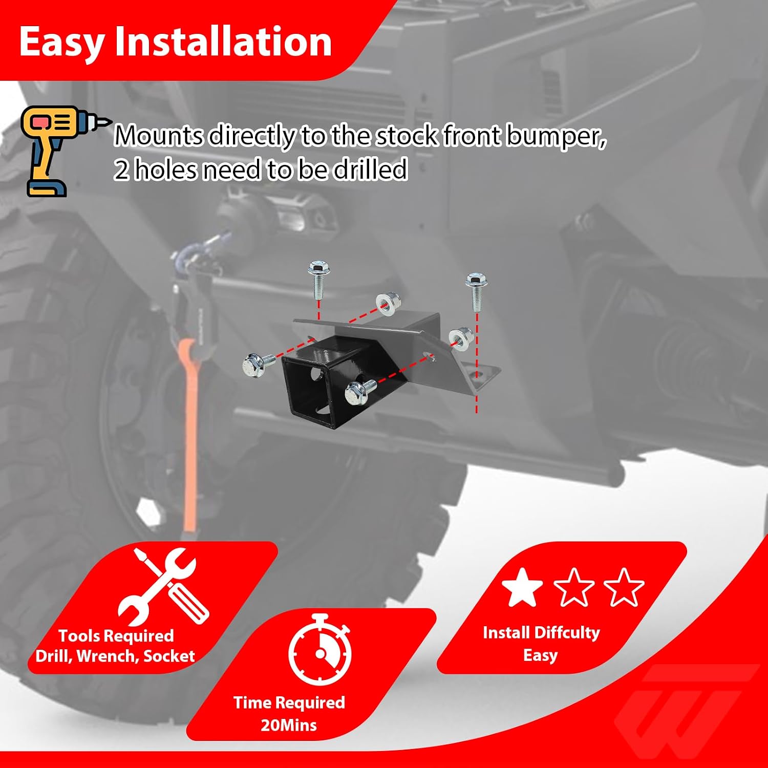 WeiSen 2" Front Receiver Hitch Front Lower Receiver Hitch Compatible with Polaris Ranger XD 1500/Crew/Premium/Northstar 2024-2026