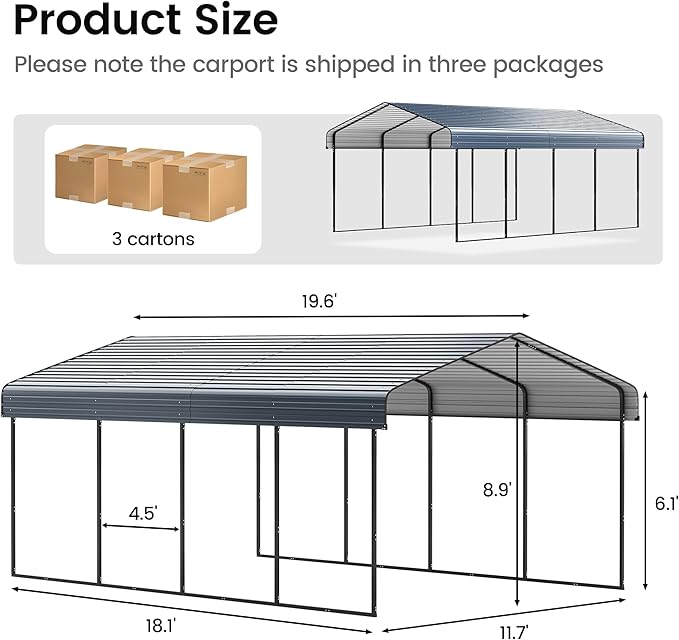 12'x20' Heavy Duty Metal Carport, Outdoor Garage Car Shelter Shade - Image 7