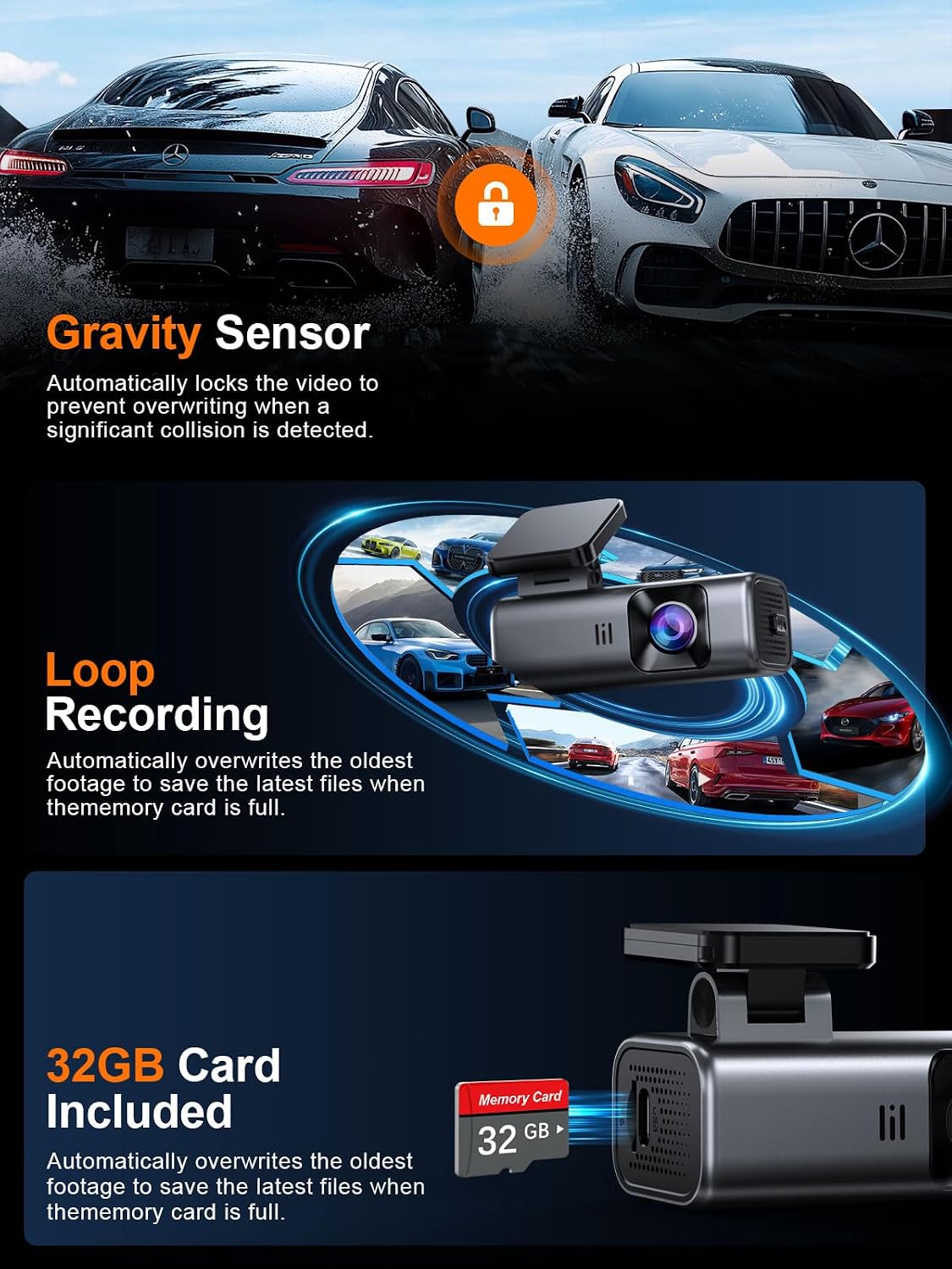 galphi 4k dash cam front, 5ghz wifi, 32gb, package contents