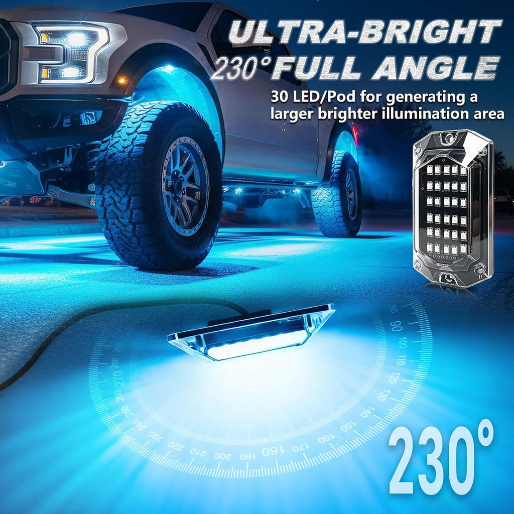 8Pods Full Angle RGB LED Rock Lights Full Kit for Jeep Trucks ATV UTV SXS RZR SUV Golf Cart Offroad Pickup, 240Chip Waterproof Multicolor Underglow Light with APP/RF Remote, Neon Underbody Accent 12V