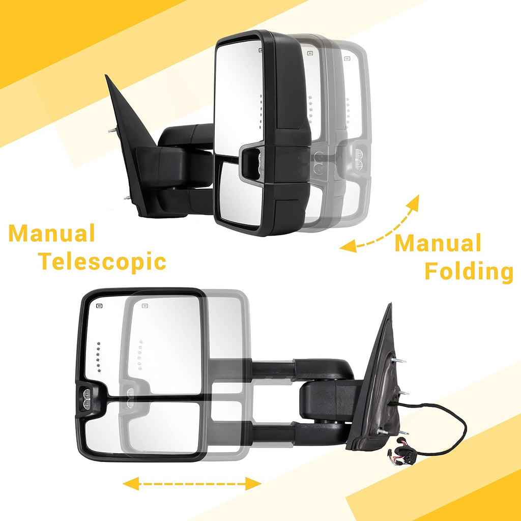 Towing Mirrors Compatible with 2014 2015 2016 2017 2018 Chevy Silverado GMC Sierra 1500 2500 HD 3500 HD with Power Glass LED Arrow Turn Signal Backup Lamp Running Light Heated Extendable Pair Set
