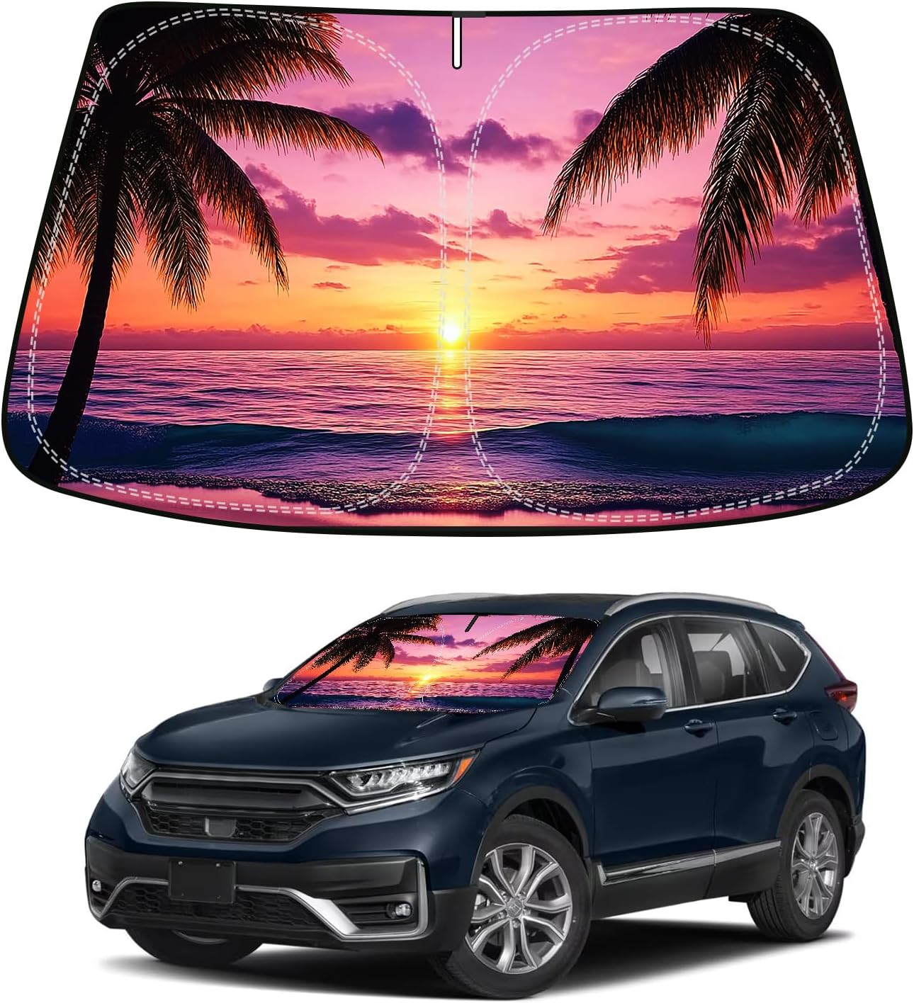 Sunset Beach Car Windshield Sun Shade Compatible with Honda CRV 2017-2022, Foldable Reflective Window Sunshade for UV Protection & Heat Reduction