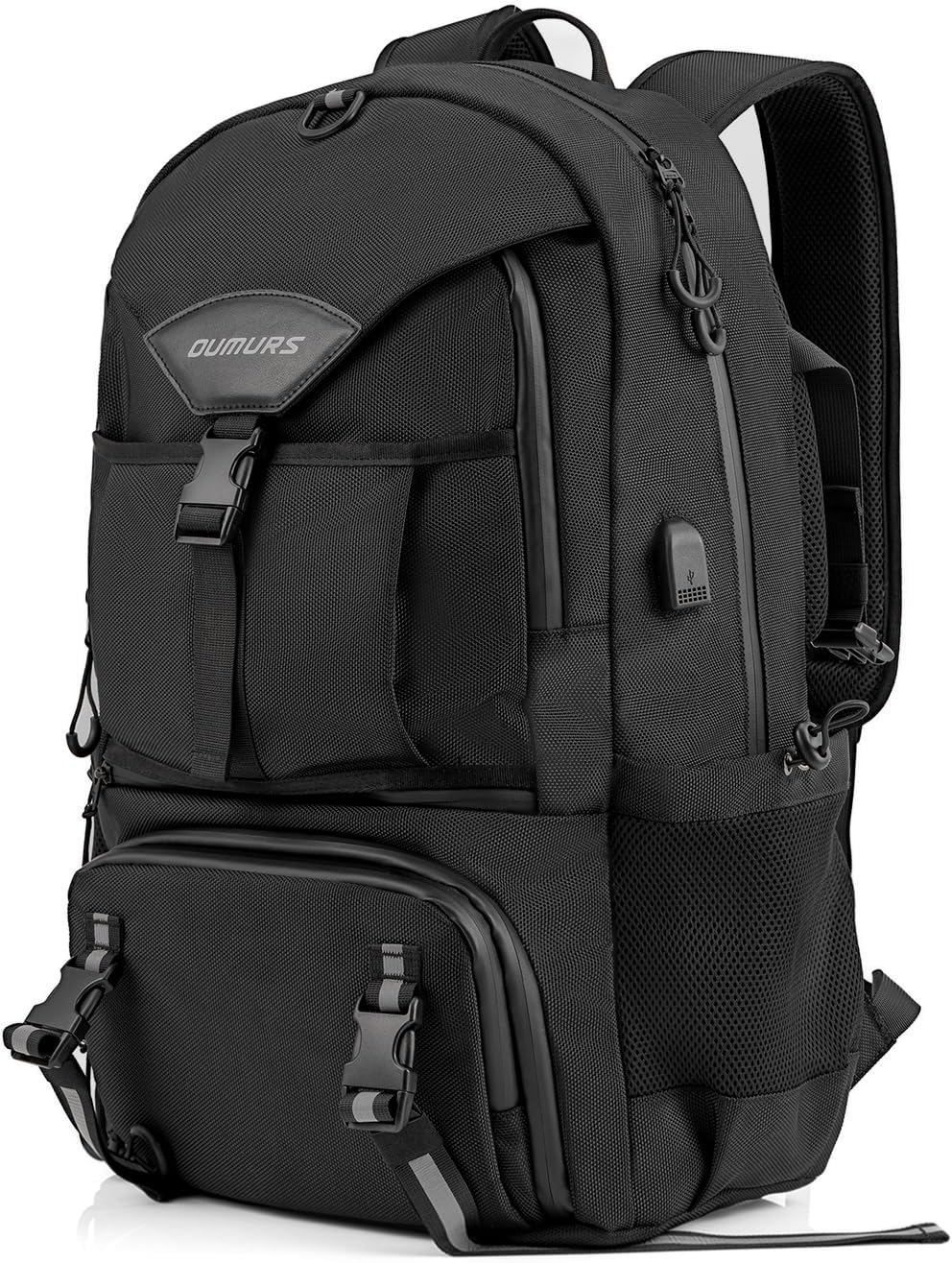 Oumurs Motorcycle Helmet Backpack 50L, Expandable Helmet Bag with Rain Cover, Water-Resistant Black 1680D Oxford Fabric, USB Port, Helmet Strap, Large Capacity for Motorbike Travel & Commuting