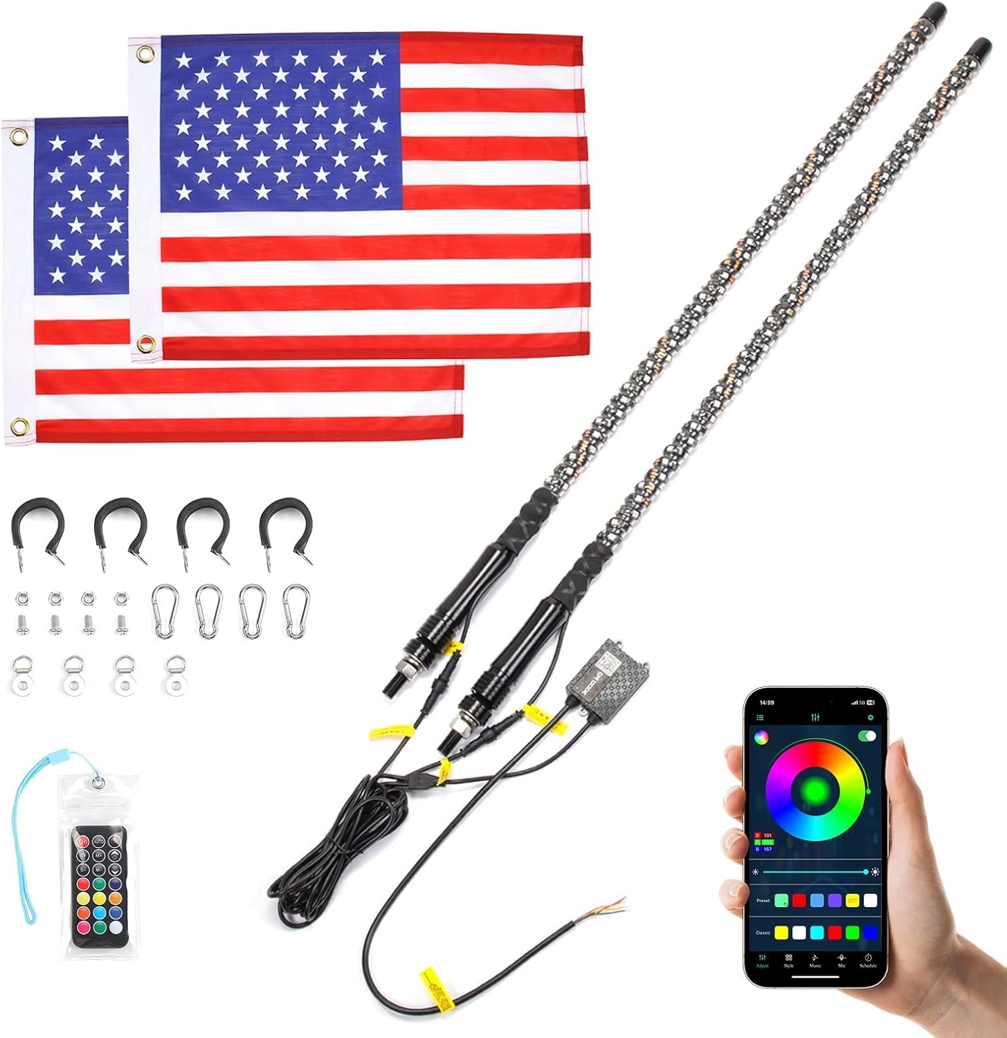 KEMIMOTO 2pc 3ft Whip Lights for Side by Side, Turning Signal Function Compatible with Polaris RZR Can-Am Maverick X3, LED Whip Lights for UTV ATV Buggy Boat Offroad RGB