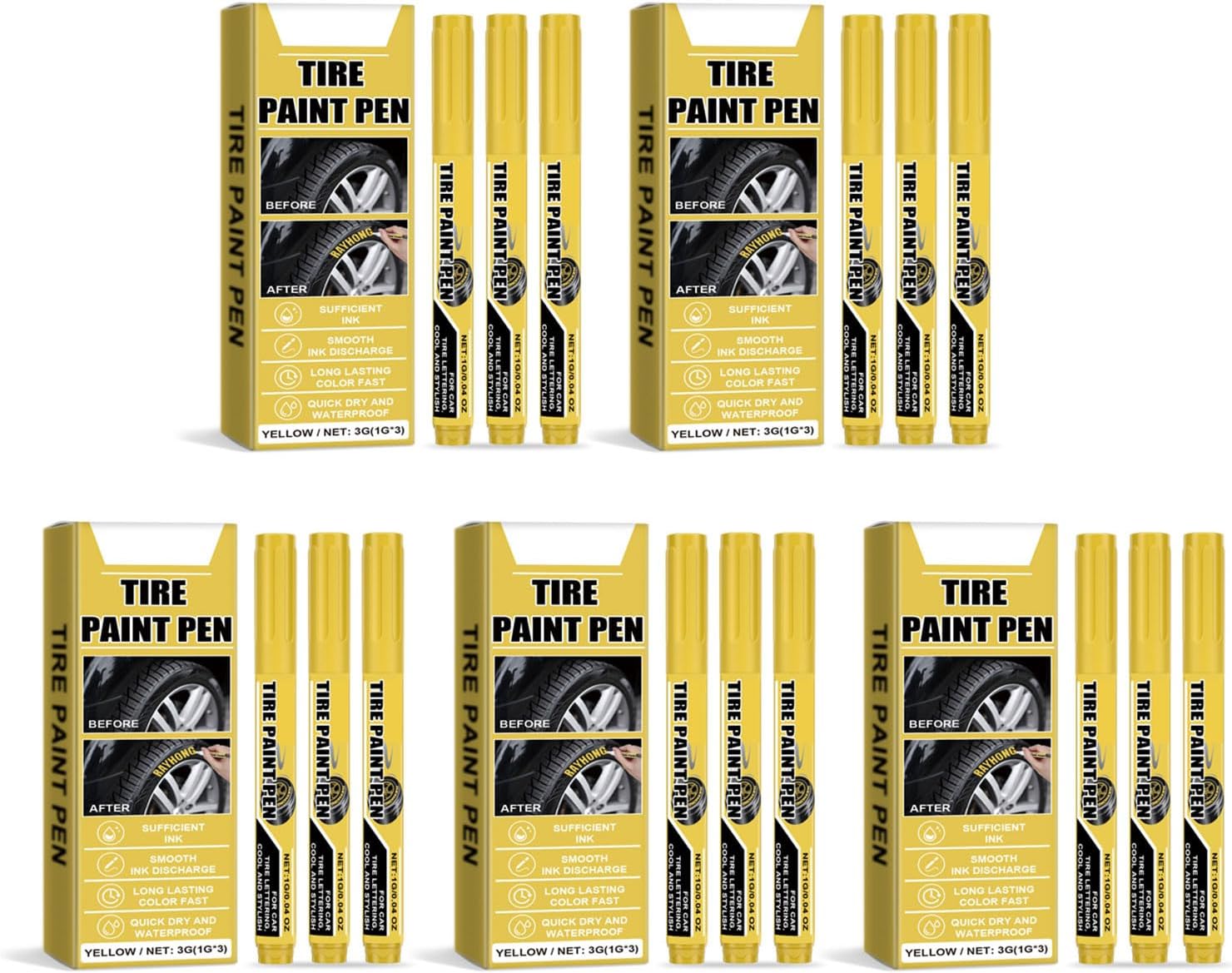 15Pcs Yellow Tire Paint Pen Water Resistant Tire Marker Pen Yellow Paint Pen Quick Drying for Car Tires Scratch Repair