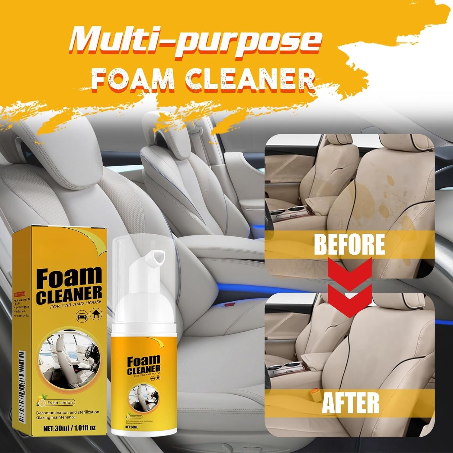Multi-Purpose Foam Cleaner for Car and Home, Car Steering Wheel Foam Cleaner,100ml, Fresh Lemon Scent, with Cleaning Accessories, 2-Pack