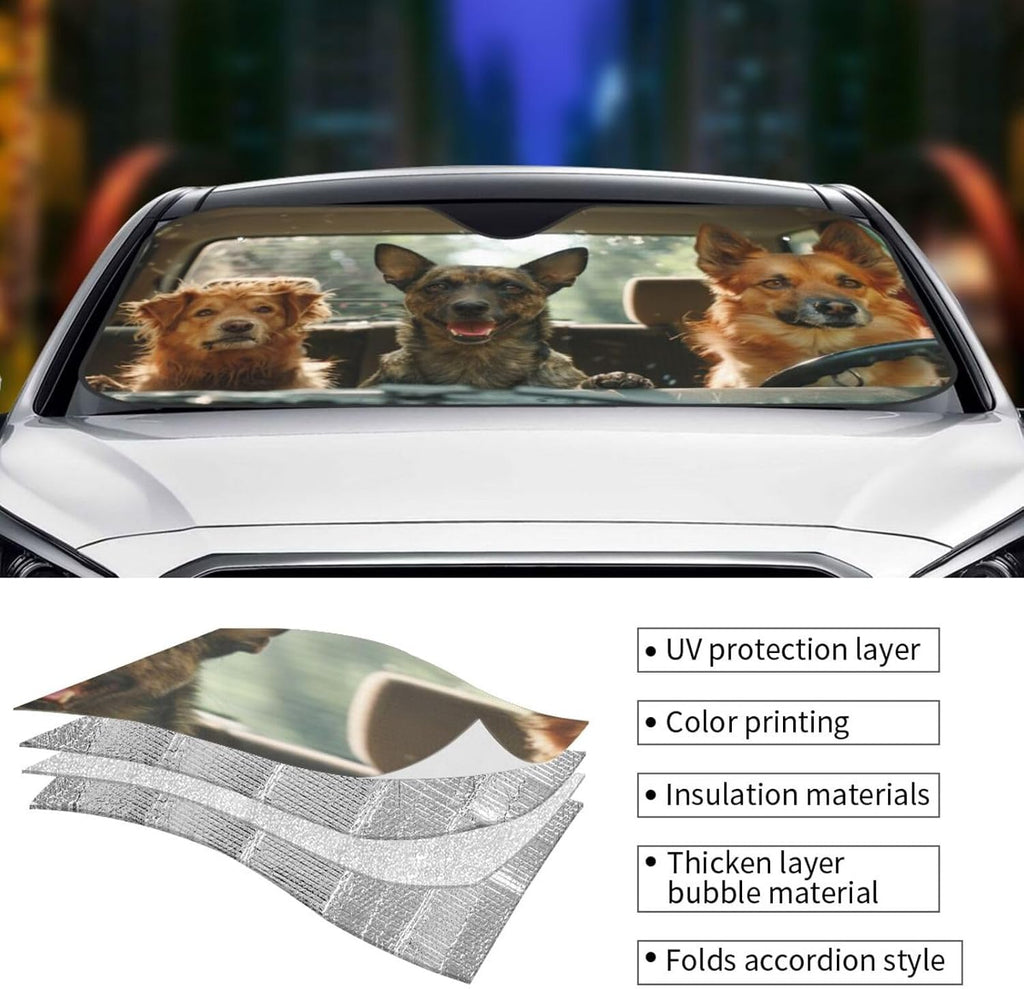 Dog Animal Driving Windshield Sun Shade, Front Window Sunshade Cover Sun Visor Shield Foldable Uv Ray Reflector for Car SUV Truck