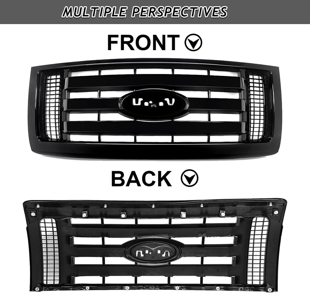 Bewild Front Bumper Grille Assembly Compatible with 2009-2014 Ford F-150 F150 XLT, Housing and Insert Grille Assembly Guards Replacement 9L3Z8200D FO1200511 (Black)
