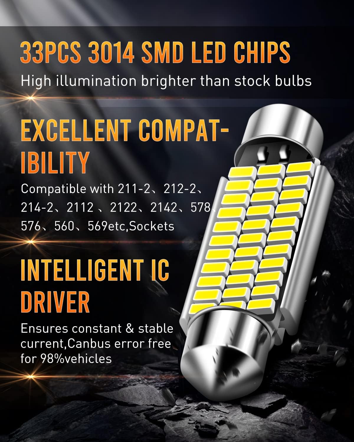 569 578 LED Dome Light Bulbs 3014 33-EX Chipsets Canbus Error Free 211-2 212-2 41mm 1.65in LED Bulbs Used for Car Map Light Interior Light,Xenon White,Pack of 2