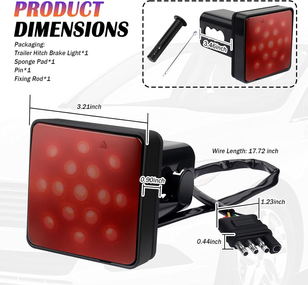 12V Trailer Hitch Light,Square 2" Receiver Tow Hitch Light with 4-pin Adapter & 15 LED Beads for Warning Purposes,Waterproof & High Brightness Red Trailer Hitches Brake Lights