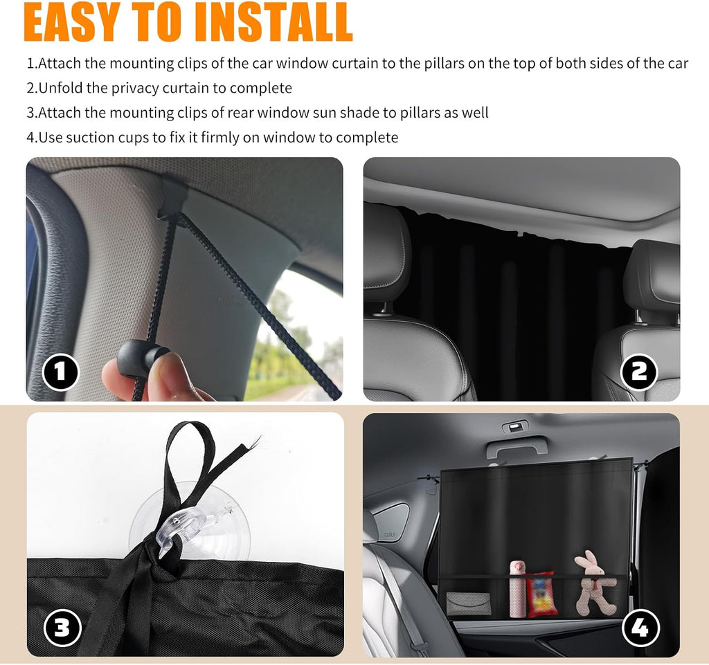 3PCS Upgraded Car Privacy Curtains Kit with Storage Pockets,Car Curtains for Windows with 2PCS Side Shade & 1PC Privacy Curtain,Universal Cars Window Shades for Sun Blocking