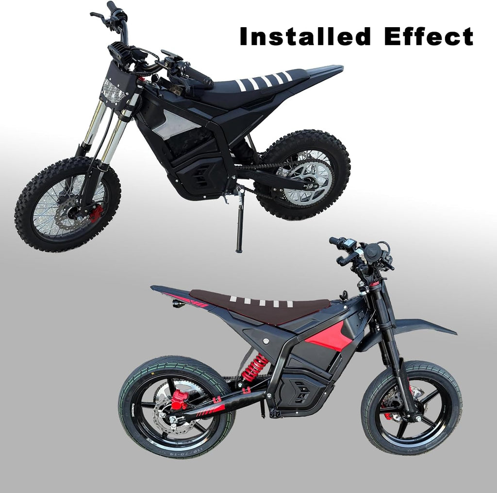VaylingEV Staple-Free Seat Cover for Yozma IN10 & IN10 Pro E-Dirt Bike | White Stripe Racing Non-Slip Waterproof PVC Saddle Protector, Custom Off-Road Cushion Wrap Fits 23.6"x6.3"x3.5"
