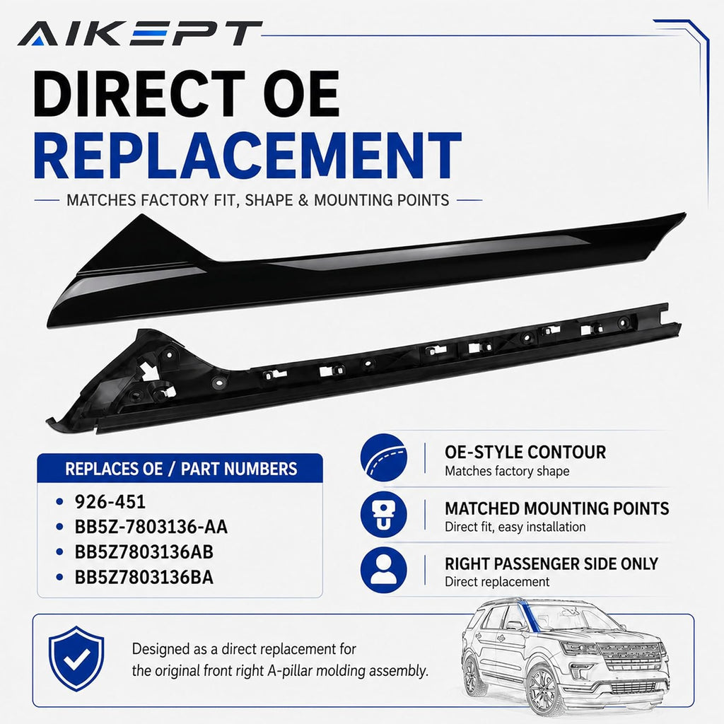 Right Passenger Side Windshield A-Pillar Molding Trim, Outer Cover Compatible with 2011-2019 Ford Explorer, Replaces 926-451 BB5Z-7803136-AA BB5Z7803136BA