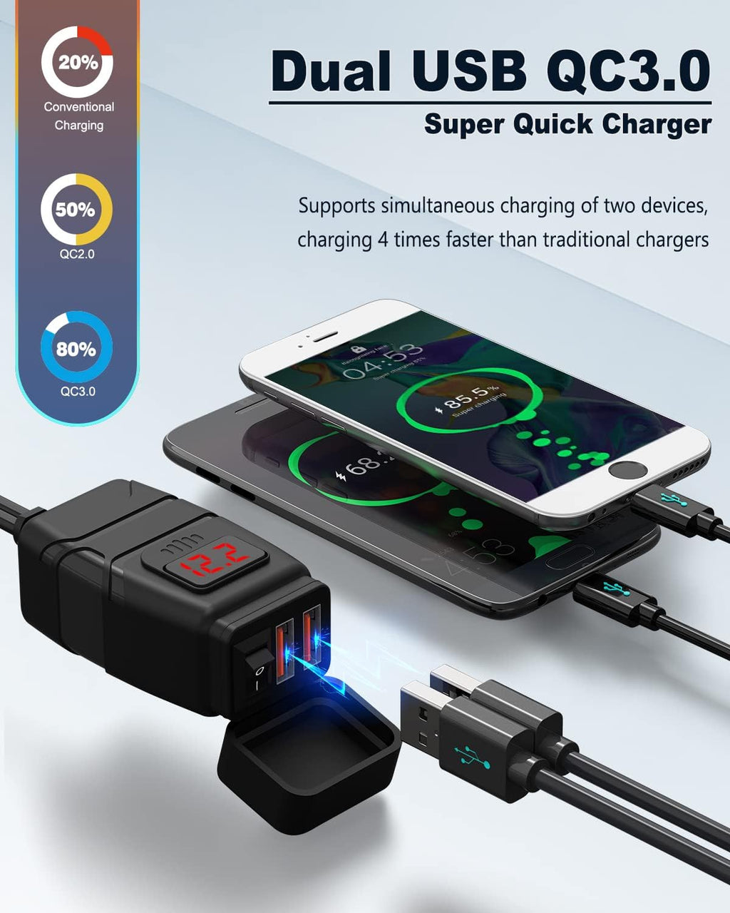 EXTRACTME Motorcycle USB Charger, 6.8A Quick Charge 3.0 Dual USB Motorcycle Phone Charger with Voltmeter & ON/Off Switch, Waterproof Quick Disconnect SAE to USB Adapter for Phone, Tablet, GPS