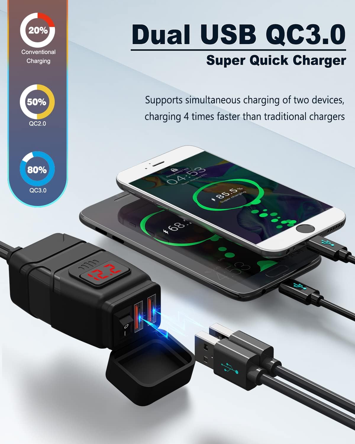 EXTRACTME Motorcycle USB Charger, 6.8A Quick Charge 3.0 Dual USB Motorcycle Phone Charger with Voltmeter & ON/Off Switch, Waterproof Quick Disconnect SAE to USB Adapter for Phone, Tablet, GPS