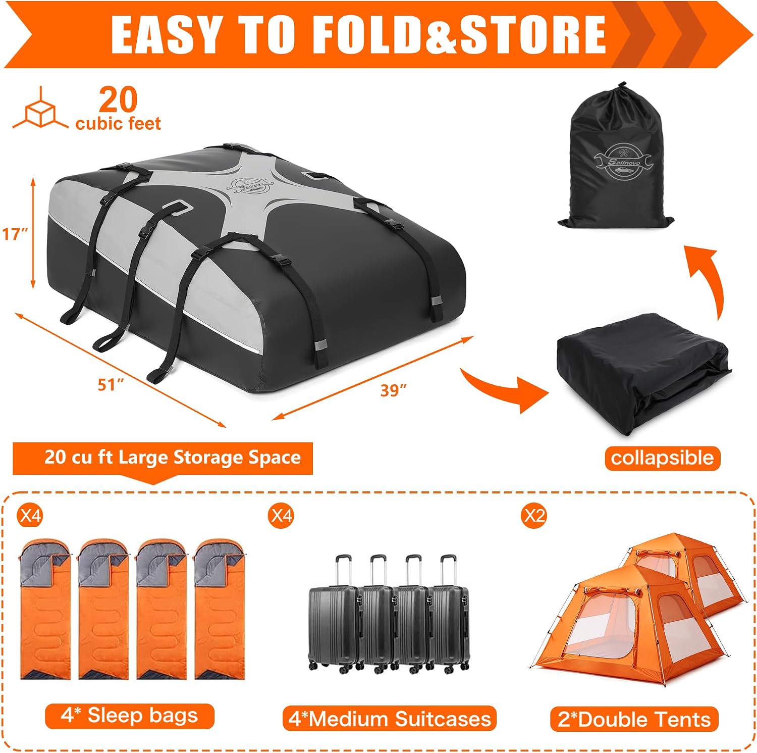 Sailnovo Car Rooftop Cargo Carrier Bag,20 Cubic feet Soft Waterproof Car Roof Bag with Strap,Anti-Slip Mat,Padlock,Foldable Car Top Carrier for Most Vehicles with/Without Rack (Black)