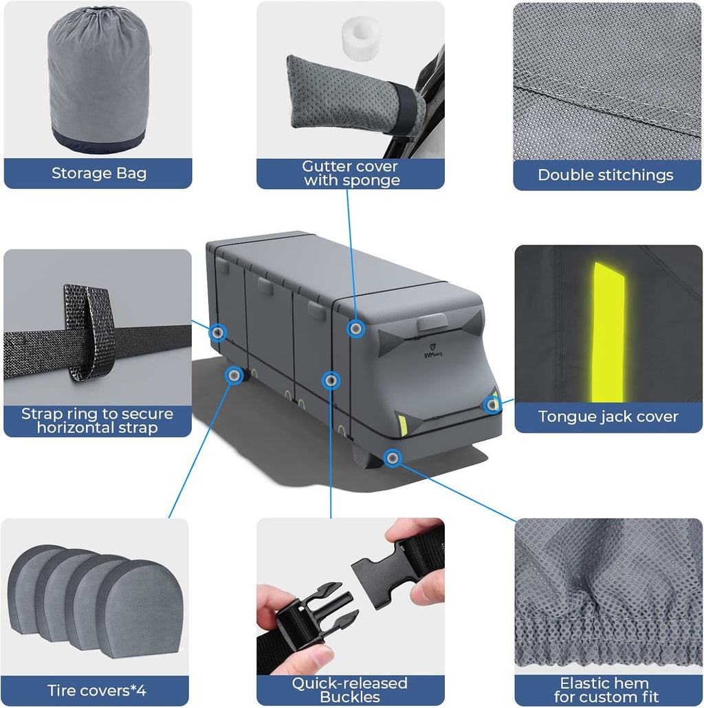 RVMasking Class C RV Cover, 29'1"-32' Heavy Duty 7 Layers Top Class C Motorhome Cover with 4 Tire Covers, Windproof Rip-Stop Anti-UV Camper Cover, Dark Gray