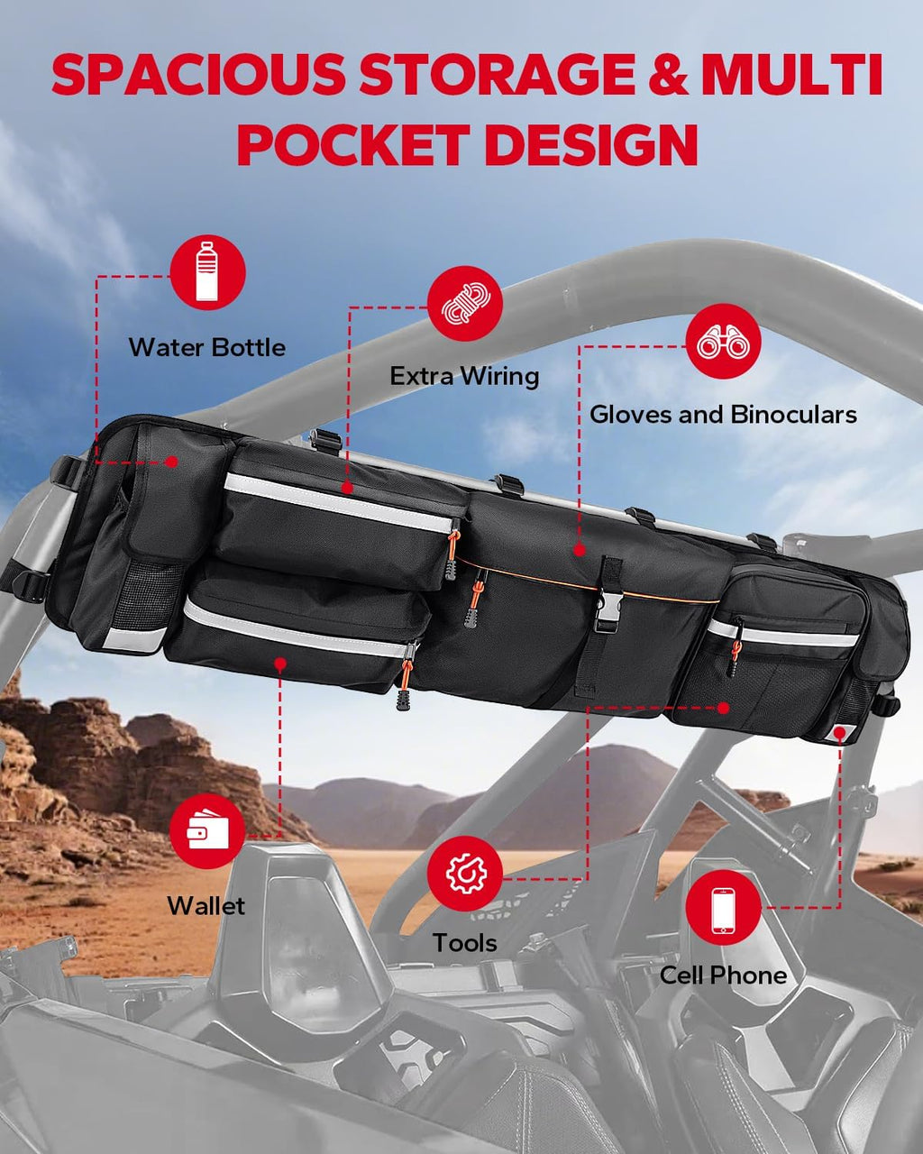 Amazicha UTV Roll Cage Organizer, Upgrade Cargo Rear Storage Bag